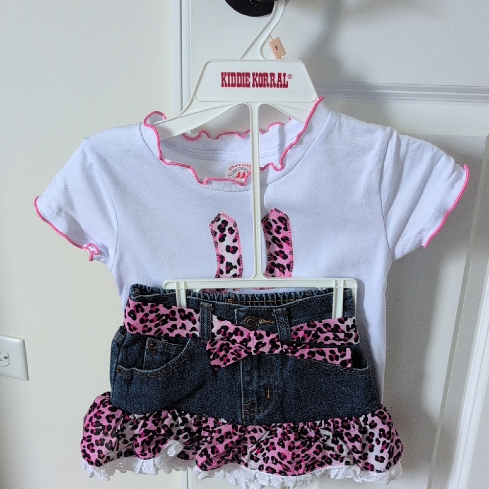 White and Pink Cowgirl Top with Denim Skirt Set
